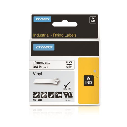 Genuine Rhino Industrial Vinyl 19mm x 5.5m. Black on White. Compatible w/ DYMO Rhino