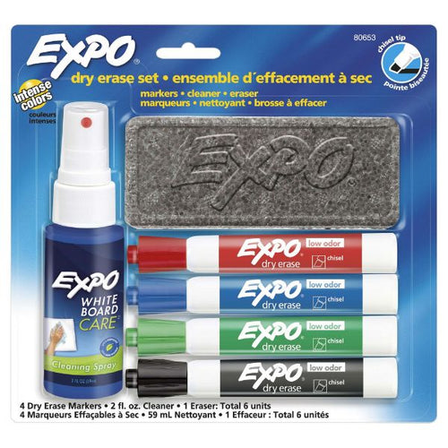 80653 - EXPO 80653 - Dry Erase Markers Chisel Tip w/ Cleaning Spray & Eraser Red Blue Green & Black