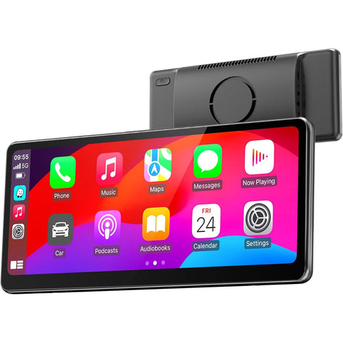 MINIX CP89-HD 8.9 Inch Portable Wireless Carplay and Android Auto HD 60FPS Touchscreen - Buit-in 1W Speaker, FM Transmitter, 3.5mm AUX output and Dual Bluetooth Connection - Magnetic Mount Included