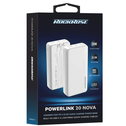 RockRose Powerlink 20000mAh 22.5W 5-Port Power Bank (CCC-Certified) with Dual-Cable -White