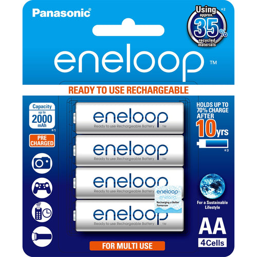 Panasonic BK-3MCCE/4BA Eneloop Rechargeable AA 4pk NiMH 1.2V batteries retail pack Pre-charged