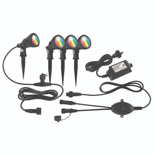 Brilliant Smart WiFi RGB Garden Light Kit Smart App Control 4x LED Spotlight - Each with 2.2m Cable - 160mm Plastic Stake - 3W Per Head RGB - IP68 - Remote Control Enabled