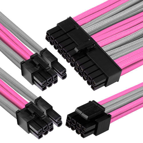 GGPC Braided Extension Cable Kit, (Grey and Pink, 40cm) Includes 1 x 20+4 Pin, 2 x 6+2 Pin, 1 x 4+4 Pin Cables
