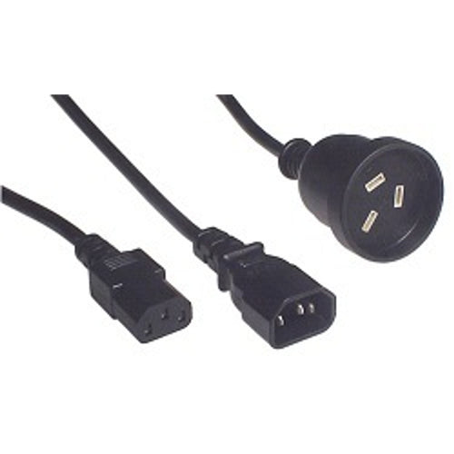 RackPower CM1CCN175 - 10A C14 IEC plug on 1.55m to 1x 10A C13 IEC + 1x 10A 3 pin sockets, both 0.2m long, Total length 1.75m 1.5mm2 black lead