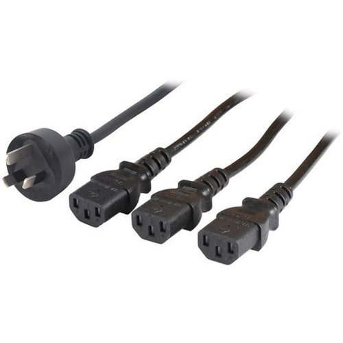 RackPower CM1NCCC200 - 10A 3 pin plug to 3x 10A C13 IEC sockets, Junction in the middle, 1mm2 black lead, 2m total length