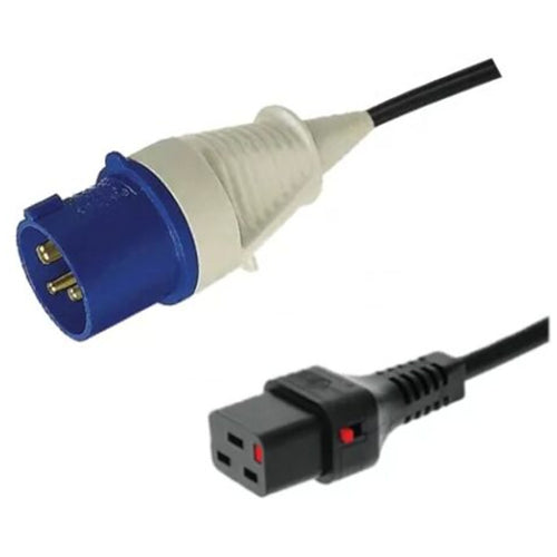 RackPower CF2EK200 - 16A IEC 60-309 IP44 fitted plug to 16A C19 IEC-Lock moulded socket on 2m 1.5mm2 Black lead