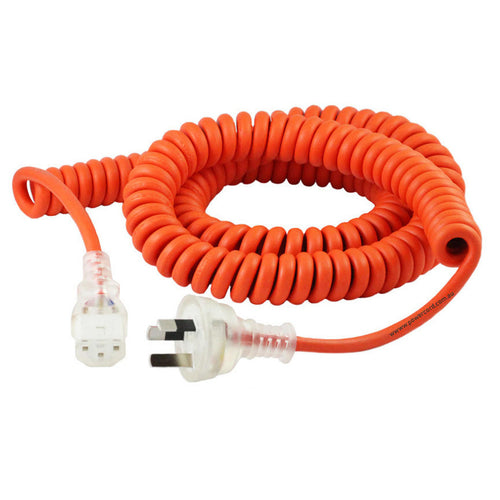 RackPower 10A 3 pin clear plug to 10A C13 IEC clear socket on 3m 1mm2 orange curly lead - medical