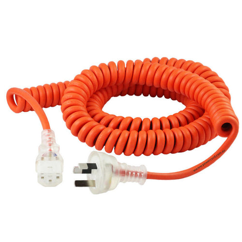 RackPower 10A 3 pin clear plug to 10A C13 IEC clear socket on 5m 1mm2 orange curly lead - medical