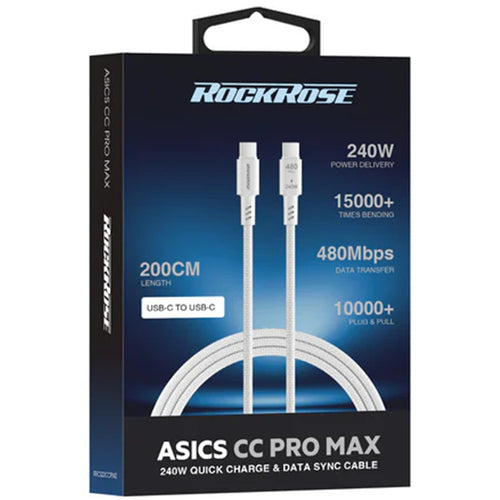RockRose Asics CC Pro Max 240W USB-C to USB-C Charging Cable - 2m - White - TPE Connector - Braided Cord