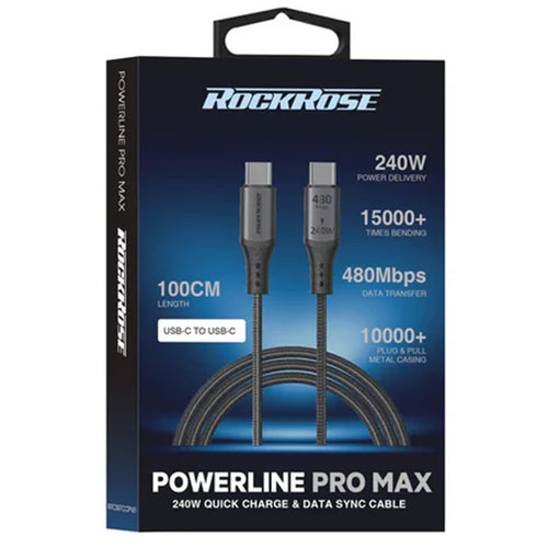 RockRose Powerline Pro Max 240W USB-C to USB-C Cable - 1m - Dark Grey