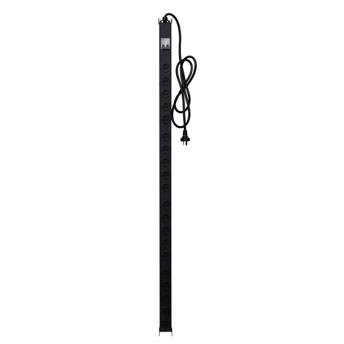 Dynamix RPR-20V15MCB 20 Outlet Vertical Power Rail (10A) with 6kA C-Curve MCB Circuit Breaker, AU/NZ on/off switch & 50mm Recessed Brackets, 15A 3 Pin Plug, Vertical Height 1293mm, Colour Black