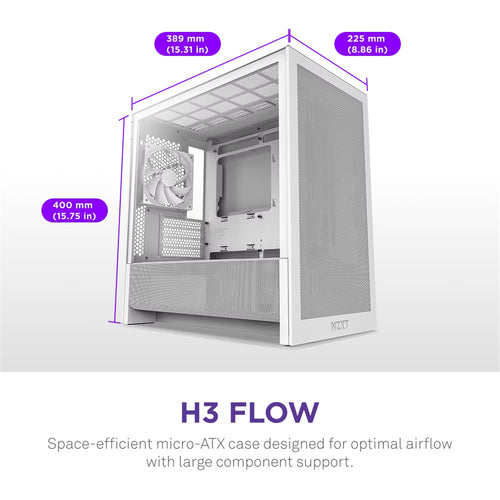 NZXT H3 Flow Tempered Glass mATX Micro Tower Gaming Case - White