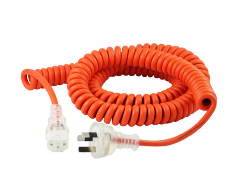 RackPower 10A 3 pin clear plug to 10A C13 IEC clear socket on 5m 1mm2 orange curly lead - medical
