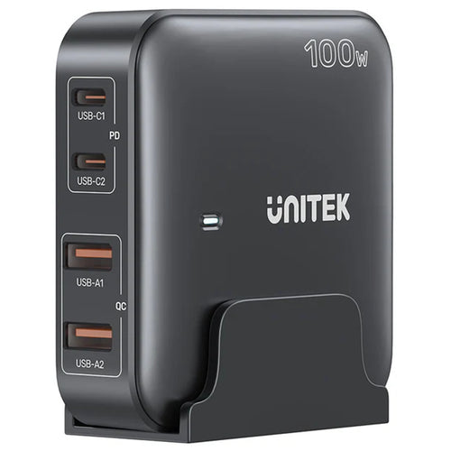 Unitek P1229ABK 100W Desktop GaN Charging Station with 2x USB-C PD Ports & 2x USB-A QC3.0 Ports - Black