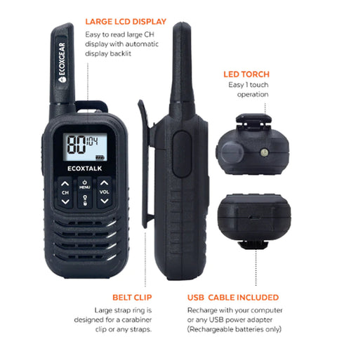 ECOXGEAR ECOXTALK EXG50 (Twin Pack) UHF 0.5Watt CB Handheld 2-Way Radio walkie talkie 3km+ Range, 20 hours Operating Time, 80 channels AU/NZ