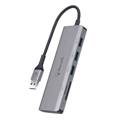 Bonelk Long-Life USB-A zu 4-Port USB 3.0 Hub mit SD / MicroSD Kartenleser - Space Grey