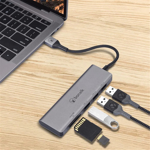Bonelk Long-Life USB-A zu 4-Port USB 3.0 Hub mit SD / MicroSD Kartenleser - Space Grey