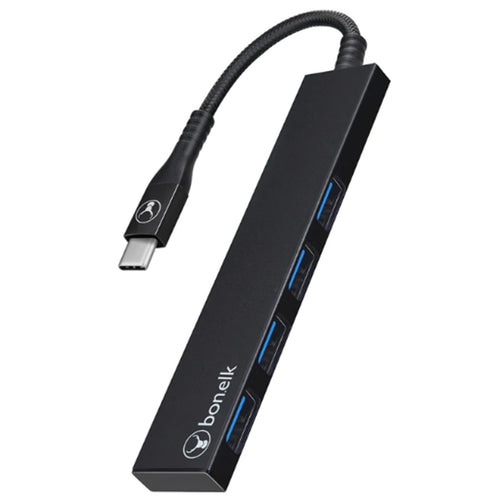 Bonelk Long-Life USB-C to 4 Port USB 3.0 Slim Hub - Black