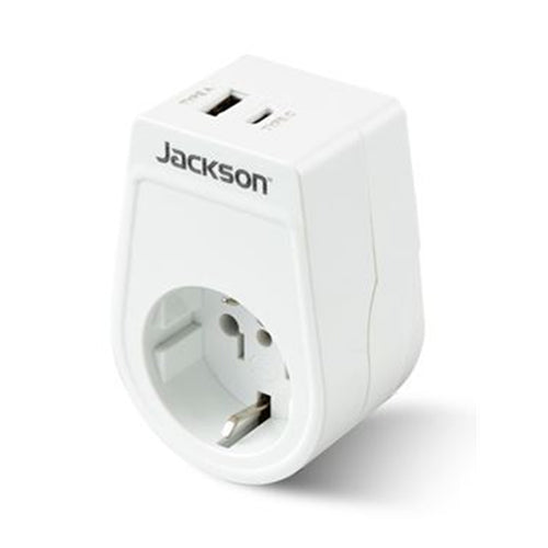 JACKSON PTA929USBMC – Schlanker Reiseadapter für den Reisegebrauch mit 1x USB-A- und 1x USB-C-Ladeanschluss (2,1 A).