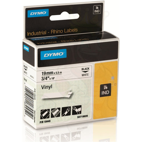 Genuine Rhino Industrial Vinyl 19mm x 5.5m. Black on White. Compatible w/ DYMO Rhino