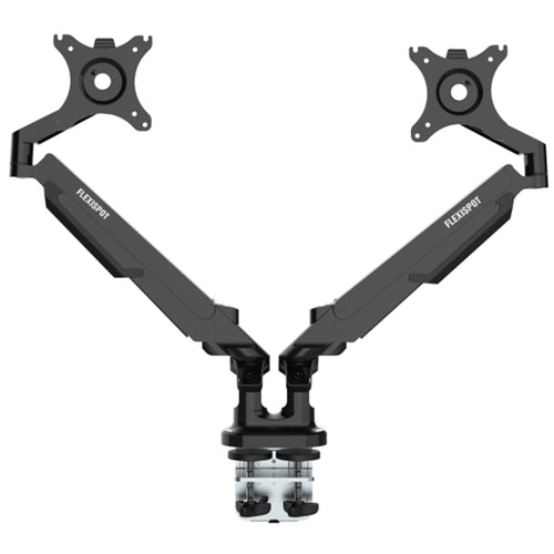 FlexiSpot 17"-32" Dual Gas Spring Monitor Stand - Aluminum Arm - Black- Swivel 180deg - Quick Release VESA Plate - VESA 75 & 100mm - Max Load 5KG Per Arm - Clamp Or Grommet Installation - 5 Years Warranty
