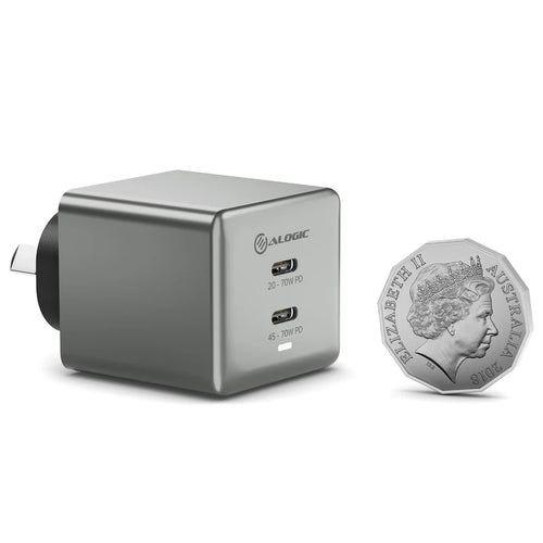 Das Alogic WCG2X70SGR-ANZ 2X70 Rapid Power 70W GaN Ladegerät – 2xUSB-C kann eine Vielzahl von USB-C-Geräten mit mittlerem Stromverbrauch aufladen, darunter MacBook Airs, iPads, Nintendo Switch oder sogar Notebooks/Laptops.