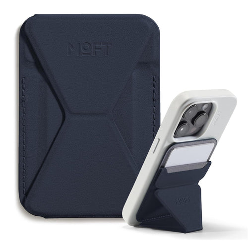 MOFT Snap-On iPhone Stand & Wallet - Navy Blue - Slim Magnetic / MagSafe Compatible Card Holder with Adjustable Multi-Angle Phone Stand, MOVAS Vegan Leather, Foldable Design