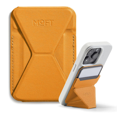 MOFT Snap-On iPhone Stand & Wallet - Orange - Slim Magnetic / MagSafe Compatible Card Holder with Adjustable Multi-Angle Phone Stand, MOVAS Vegan Leather, Foldable Design