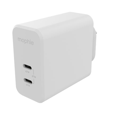 Mophie 67W Dual USB-C PD GaN Wall Charger - White, Compact Size, Up to 67W Fast Charging Apple iPhones, Samsung Smart Phones, Solid Construction