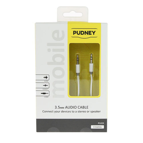 Pudney Mobile P1223 - Pudney 3.5mm Stereo Plug to 3.5mm Stereo Plug, 3 Metre – White