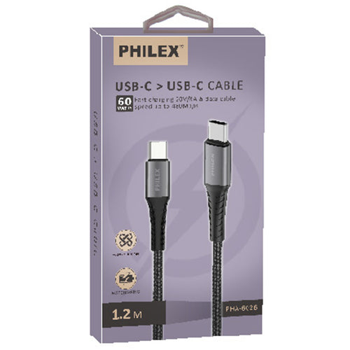 PHILEX PHA-6026 Type-C/ to Type-C Sync/Data Cable 1.2M Grey USB-C supporting up to 60W (20V/3A) output