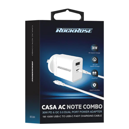 RockRose Casa AC Note Combo 30W USB-C AC Wall Charger - With 1M 100W USB-C Charging Cable