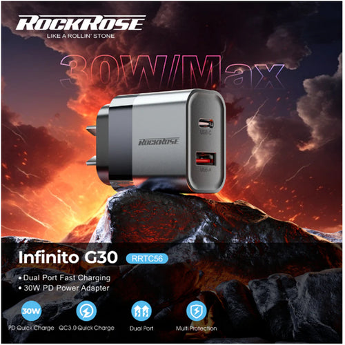 RockRose Infinito G30 -- 30W PD & QC 3.0 , USB-C & USB-A Dual Port 30W USB-C AC Wall Charger