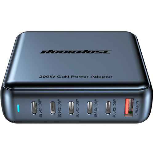 RockRose Infinito G200 200W 6 Ports USB-C GaN Power Wall Charger For Mobile Device and Notebook