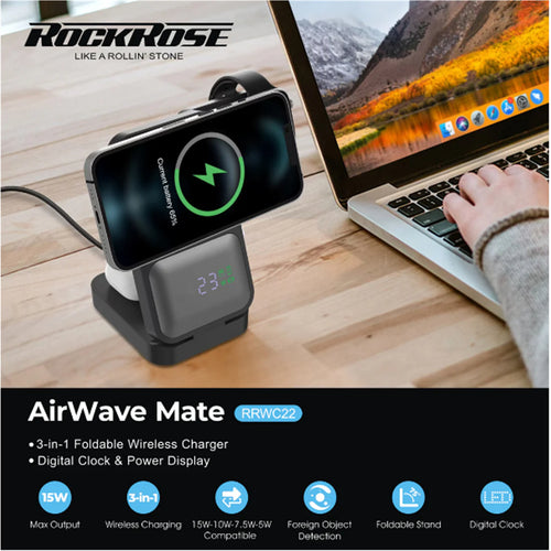 RockRose AirWave III 3-in-1 Foldable Wireless Charger For iPhone/ Airpods/ Apple Watch With Digital Timer & Clock