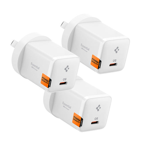 Spigen Essential 30W USB-C PD GaN Fast Charging Wall Charger - (3 Pack) - White - Up to 30W PD Fast Charging - Compact Design - Support Apple iPhone, iPad, Samsung Smart Phone PD Fast Charging