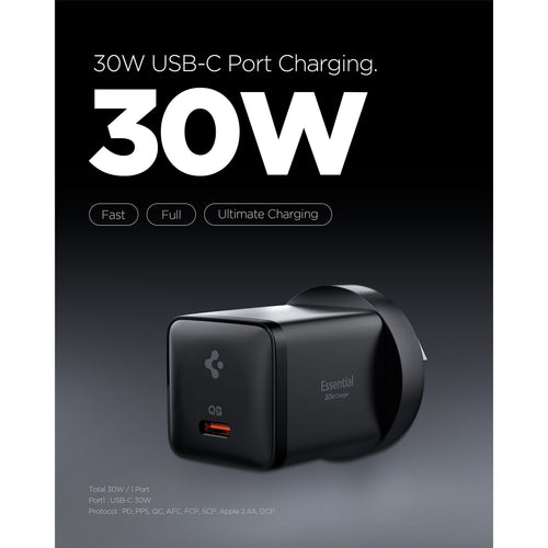 Spigen Essential 30W USB-C PD GaN Fast Charging Wall Charger - Black - Up to 30W PD Fast Charging - Compact Design - Support Apple iPhone, iPad, Samsung Smart Phone PD Fast Charging