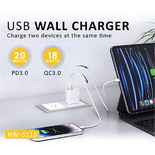 Sansai HW-311B 20W USB A+C Charger White SAA Approved With USB-A(QC3.0) & USB-C (PD3.0) outlets up to 20W for quick charging.