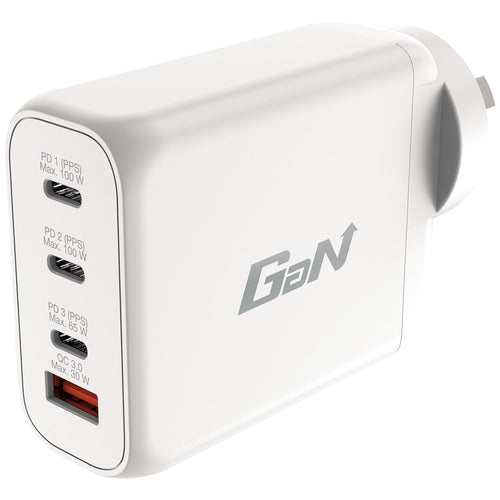 Verbatim 66966 GaN Charger 100W two USB-C PD 100W ports, one USB-C PD 65W port and one USB-A QC 3.0 port