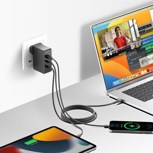 KFD 100W GaN USB-C Laptop Power Adapter/PD Wall Charger - 2x USB-C & 1x USB-A - US/EU/AU/UK Travel Plug - Compatible with MacBook Air/Pro, Asus, Acer, Lenovo, HP, Dell, Toshiba - Black