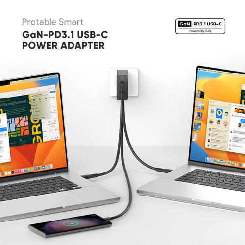 KFD 140W GaN USB-C Laptop Power Adapter/PD Wall Charger - 2x USB-C & 1x USB-A - US/EU/AU/UK Travel Plug - Compatible with MacBook Air/Pro, Asus, Acer, Lenovo, HP, Dell, Toshiba - Black