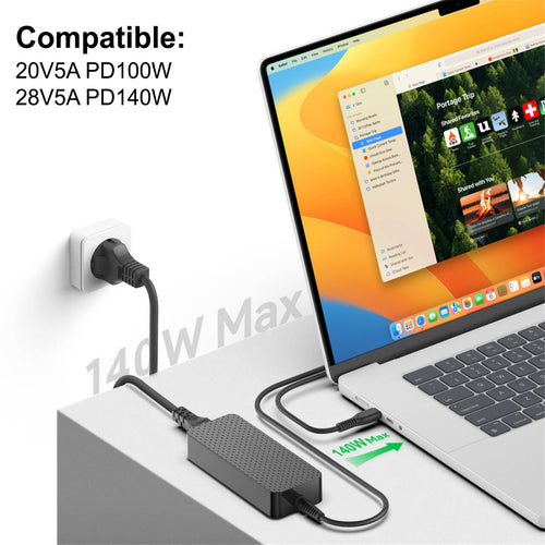 KFD 140W GaN USB-C Slim Laptop Power Adapter/PD3.1 Charger With Power Cord Cable - Black - Compatible 20V 5A PD 100W