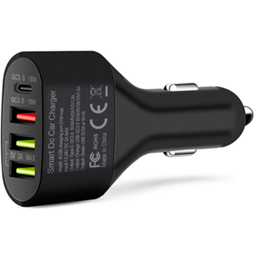 KFD Universal 4-Ports Car Charger Input 12-24V Total 51W - 18W QC3.0 USB-C - 18W QC3.0 USB - USB x2 5V 3A