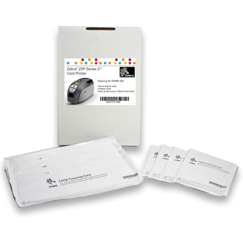 Zebra 105999-302 Cleaning Card Kit 4 print engine cleaning cards and 4 feeder cleaning cards - Compatible with Zebra ZXP Series 3 card printer - 1,000 prints / card - This kit can be used with any ZXP3