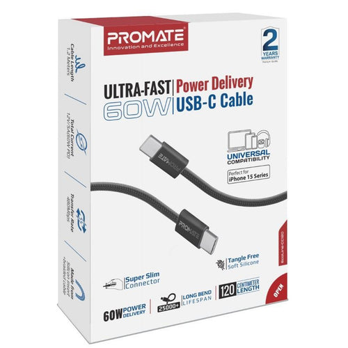 Promate ECOLINE-CC120 60W PD - 480Mbps USB-C Cable - 1.2m - Black