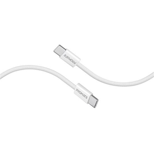 Promate ECOLINE-CC120-WH - 1.2m USB-C to USB-C Cable w/ Fabric Braided Cable Supports 60W PD. White