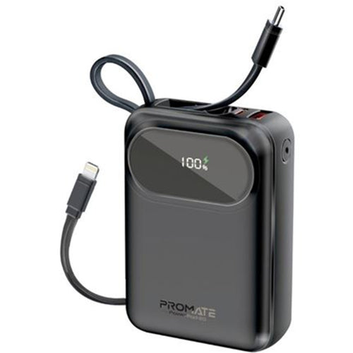 Promate POWERPOD-20-BLK - 20000mAh Ultra Compact 35W SuperSpeed Power Bank Built-in USB-C & Lightning Cables. 35W