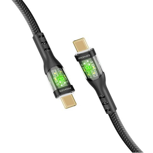 Promate TRANSLINE-CC200B - 2m USB-C to USB-C Cable Transparent Connectors & LED'' Supports 60W PD. 25000+ Bend