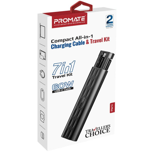 Promate PERK 480Mbps USB-C Multi-Connector-Kabel – 28,5 cm – Schwarz 7-in-1