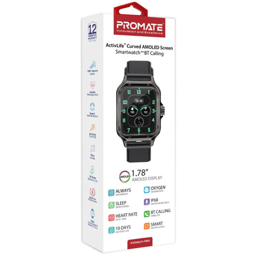 Promate XWATCH-RM Smartwatch with 1.78" Curved AMOLED Display & BT Calling - IP68 Black